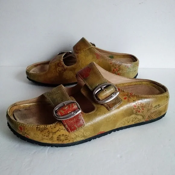 Boho ARAVON Slides Genuine Leather Mustard Floral sandal Slip-on Sandal Flats - Picture 3 of 16